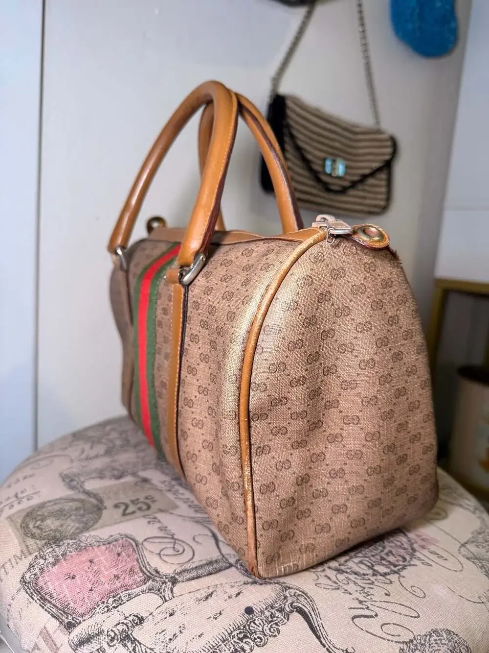 Gucci Vintage Micro GG Supreme Web Stripe Boston Bag